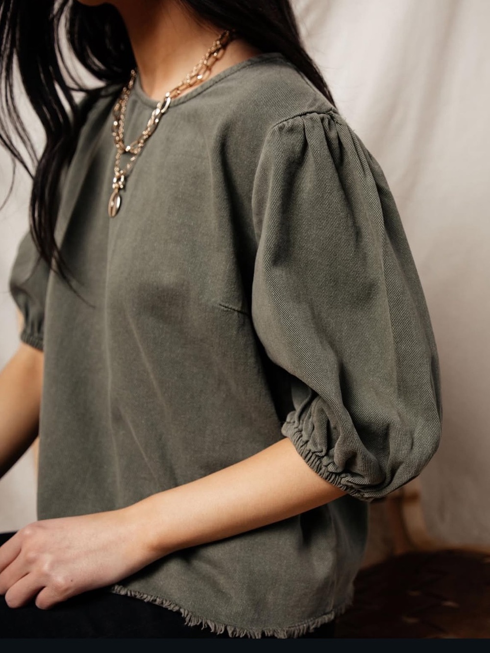 Bohme Green Denim Puff Sleeve Blouse with Raw Hem 100% Cotton